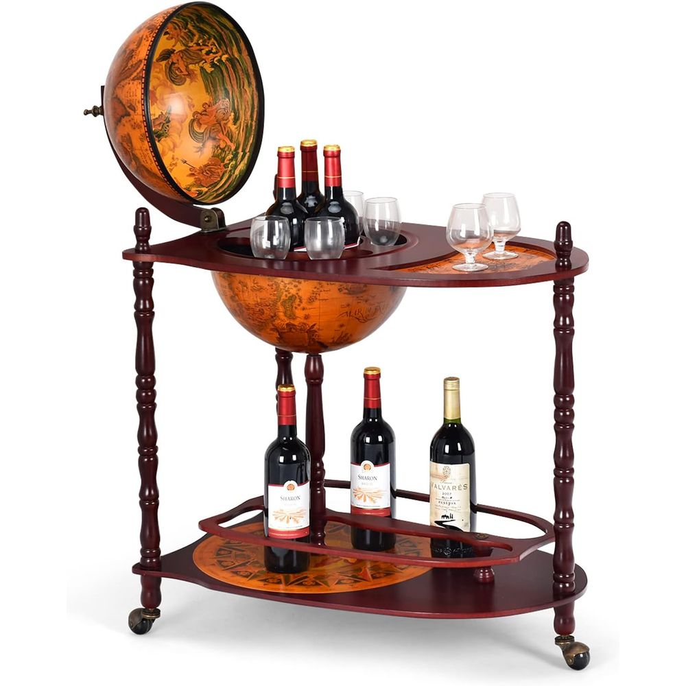 Home Bar Shelf - Vintage 34.5 Wheeled Globe Bar Cabinet