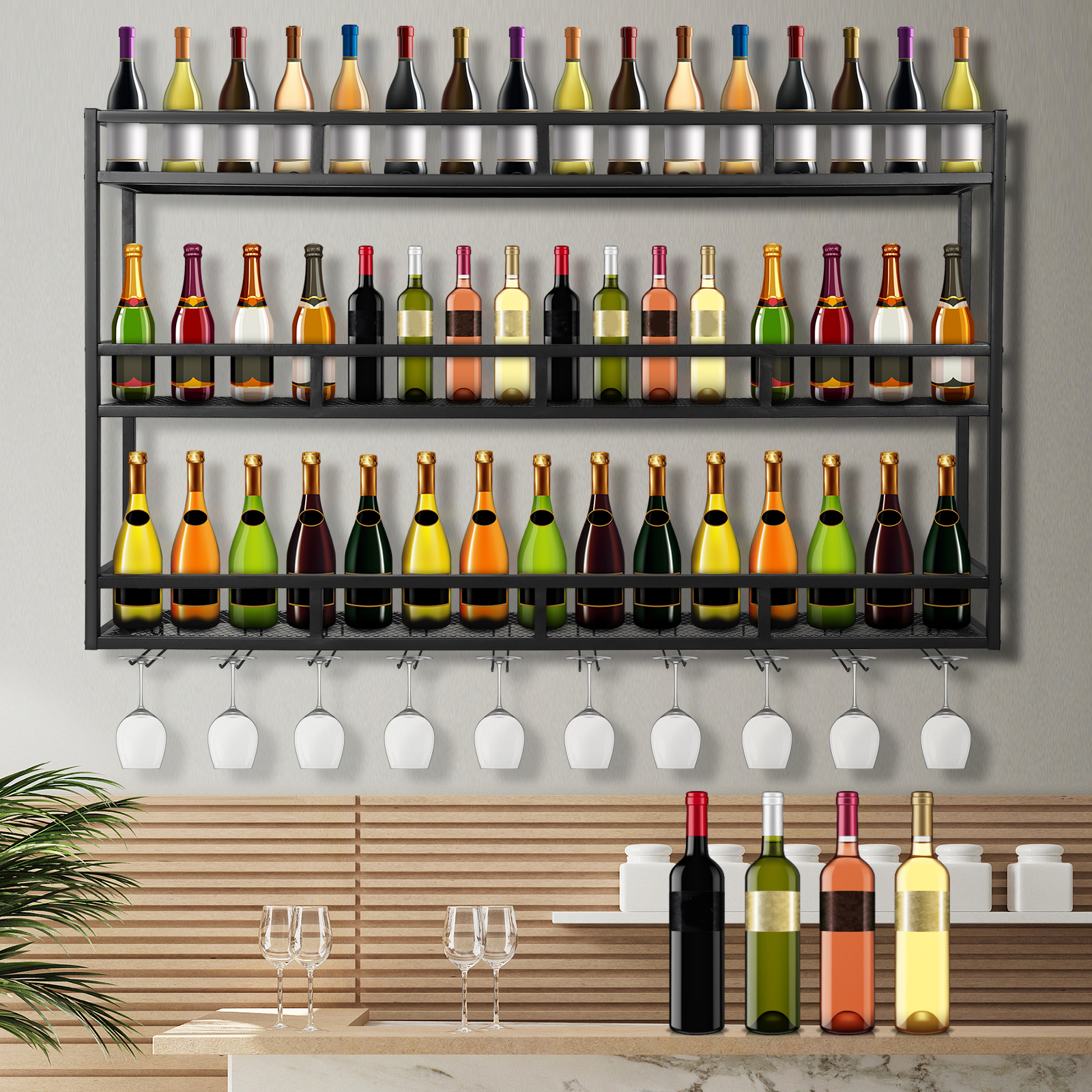 Home Bar Shelf - Bar Liquor Bottle Display Shelf Wall-Mounted